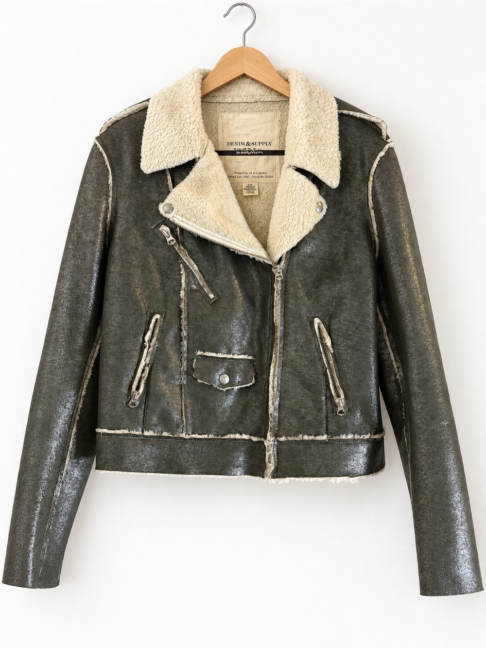 Ralph Lauren Olive Shimmer Faux-Shearling Moto Jacket - Picture 2 of 12